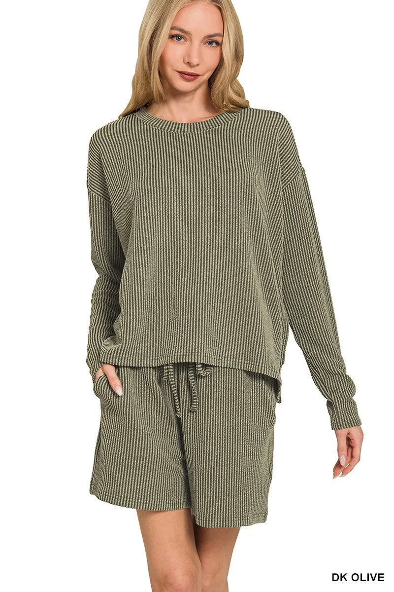 Zenana Corded Rib Long Sleeve Tee and Shorts Set