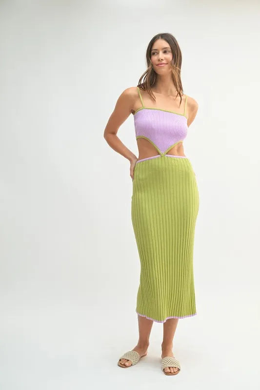 MABLE Ribbed Knit Color Block Cutout Midi Dress