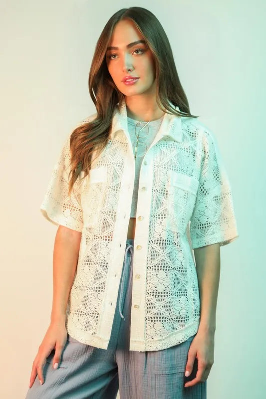 VERY J Plus Size Oversized Crochet Button Down Shirt Top See size chart under “more details”