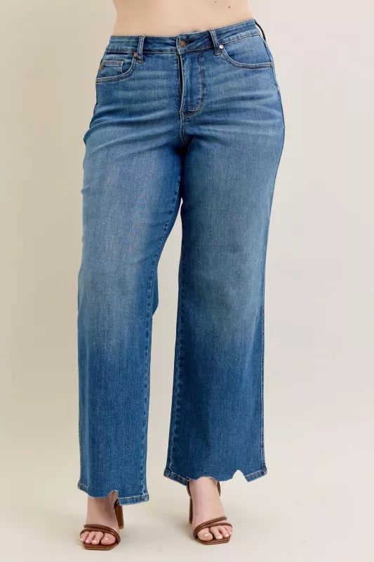 Full Size High Waist Tummy Control Chew Hem Destroy Wide Jeans Plus Size
