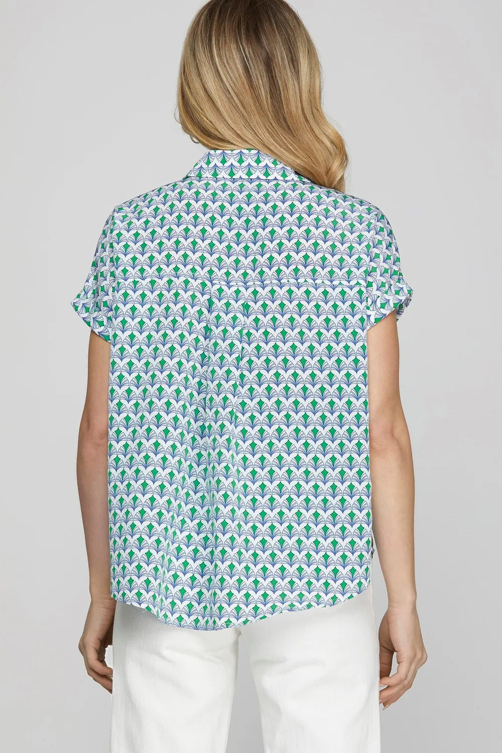She + Sky Full Size Printed Johnny Collar Short Sleeve Blouse Plus Size