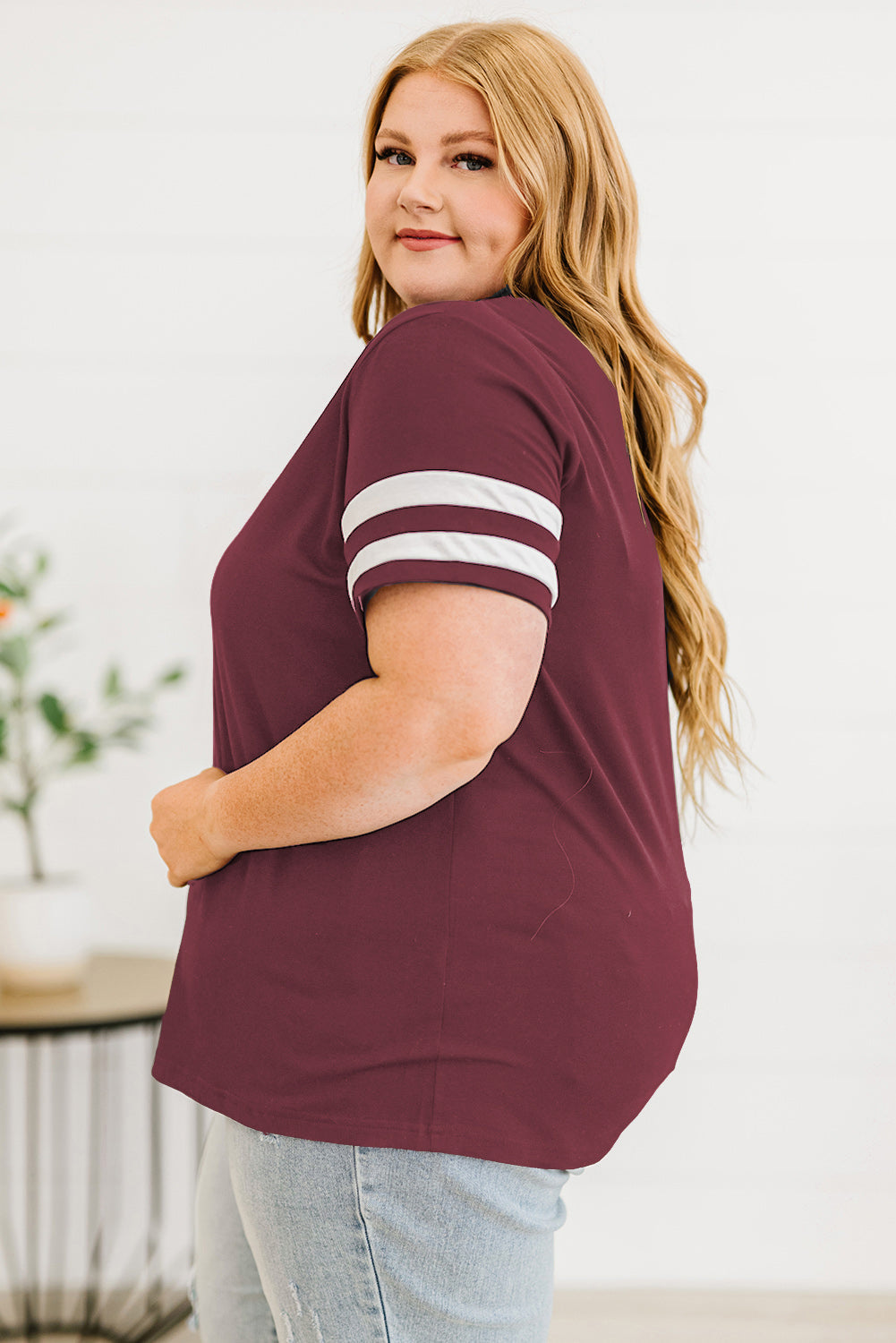 Plus Size Striped V-Neck Tee Shirt See size chart under “more details”