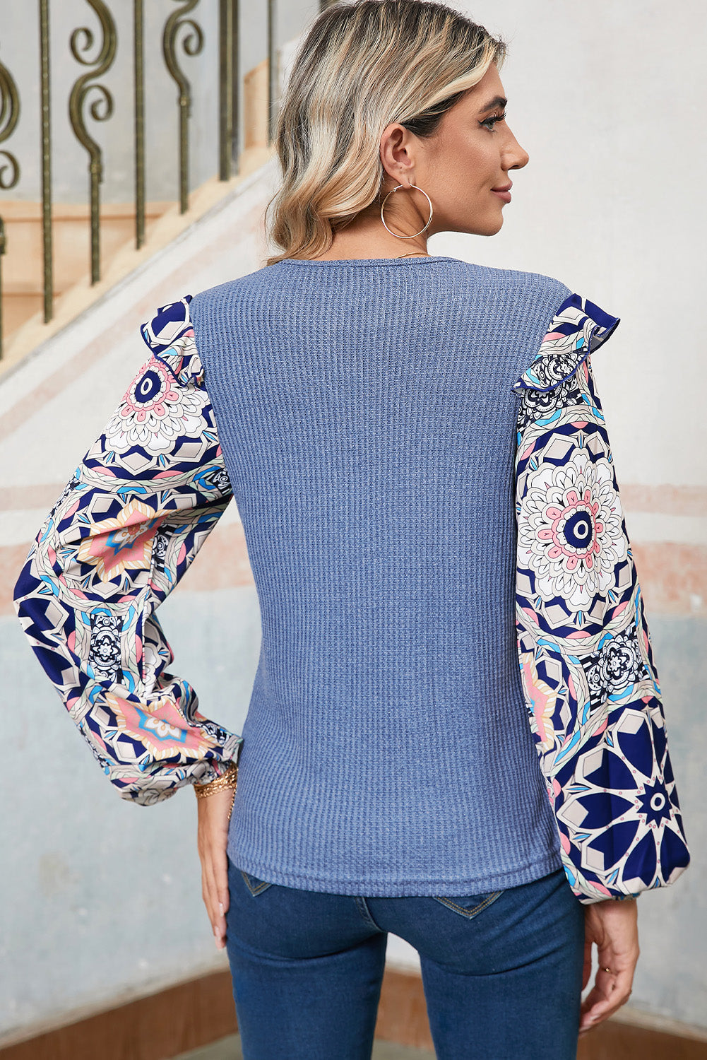 Ruffle Floral Sleeve Patchwork Waffle Top