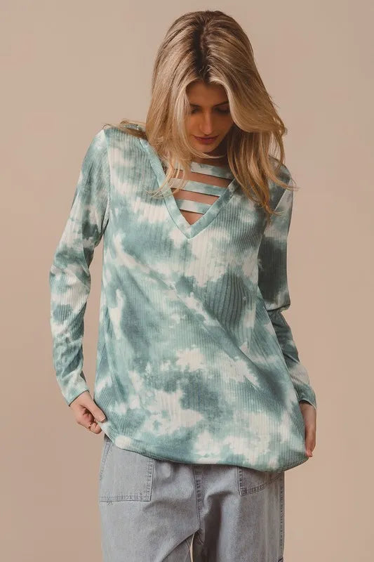 Variegated Tie Dye Rib V-Neck Top with Strapped