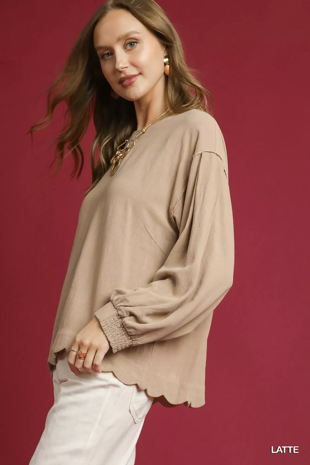 Linen Scallop Hem Long Sleeve Blouse