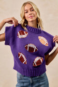 Gameday Sequin Football Patches Rib Banded Sweater