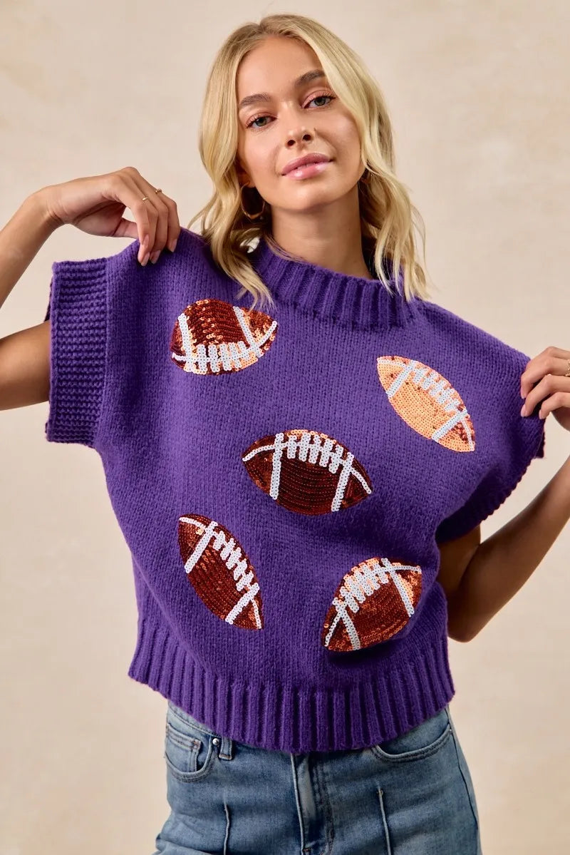 Gameday Sequin Football Patches Rib Banded Sweater