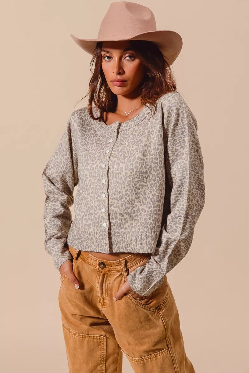 Two Tone Leopard Vintage Print Button Up Cardigan