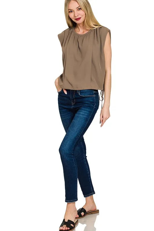 Woven Drawstring Tie Side Sleeveless Top