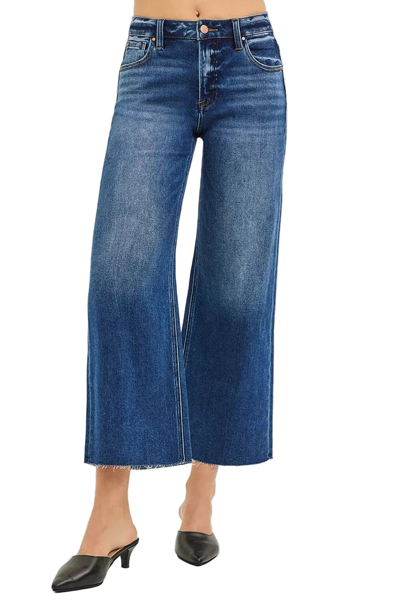 RISEN Full Size Mid Rise Crop Wide Raw Cut Hem Jeans Plus Size