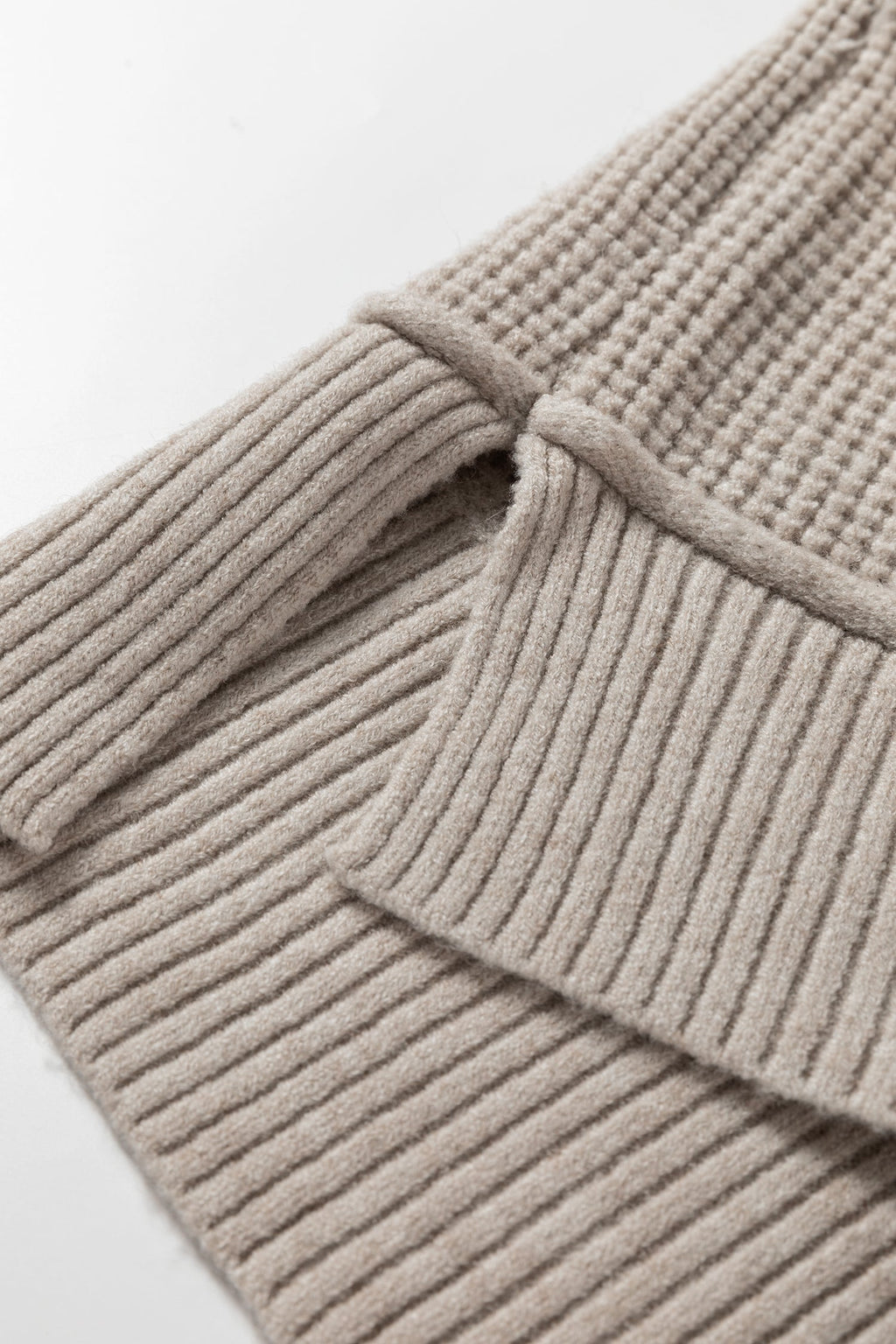 Gray Morn Waffle Texture Knit Ribbed High Neck Drop Shoulder Sweater