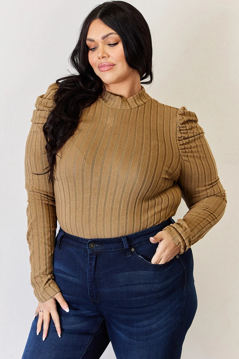 I am a Fashion junky Full Size Ribbed Mock Neck Puff Sleeve T-Shirt