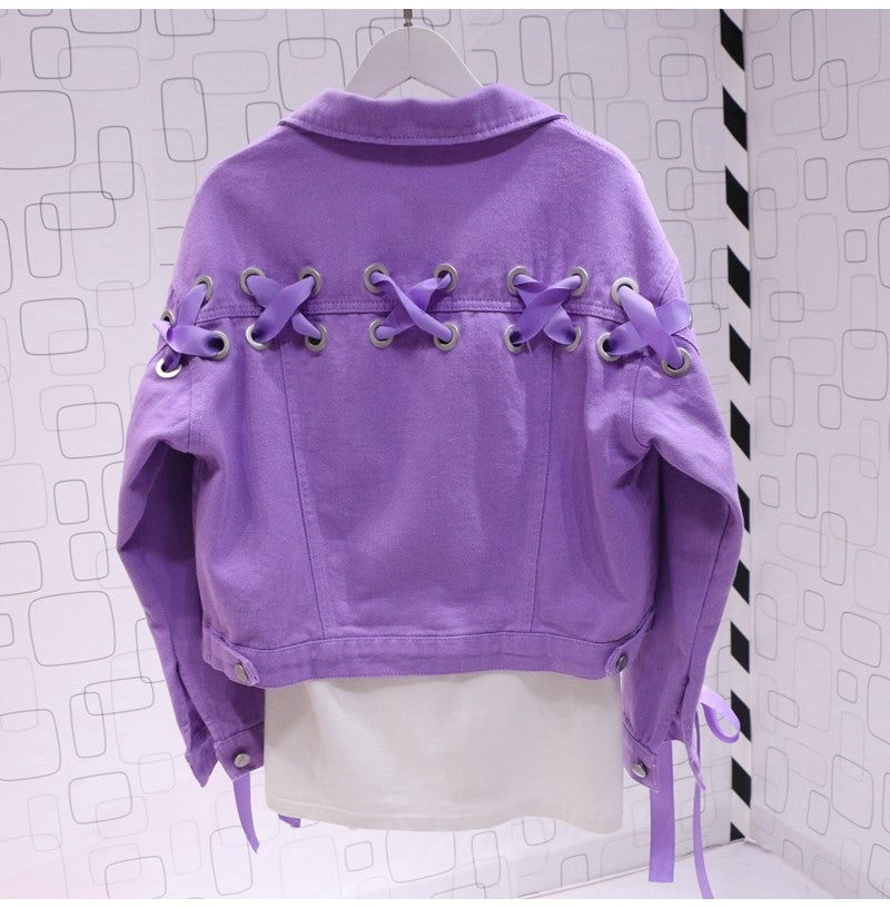 Short Denim Jacket, Bow Tie Jacket Top Purple See size chart under “more details”