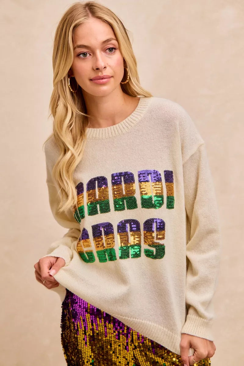 Mardi Gras Sequin Lattering Knit Top