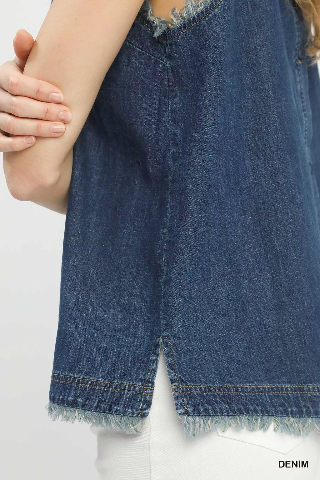 Umgee Sleeveless Fringe Hem Denim Top