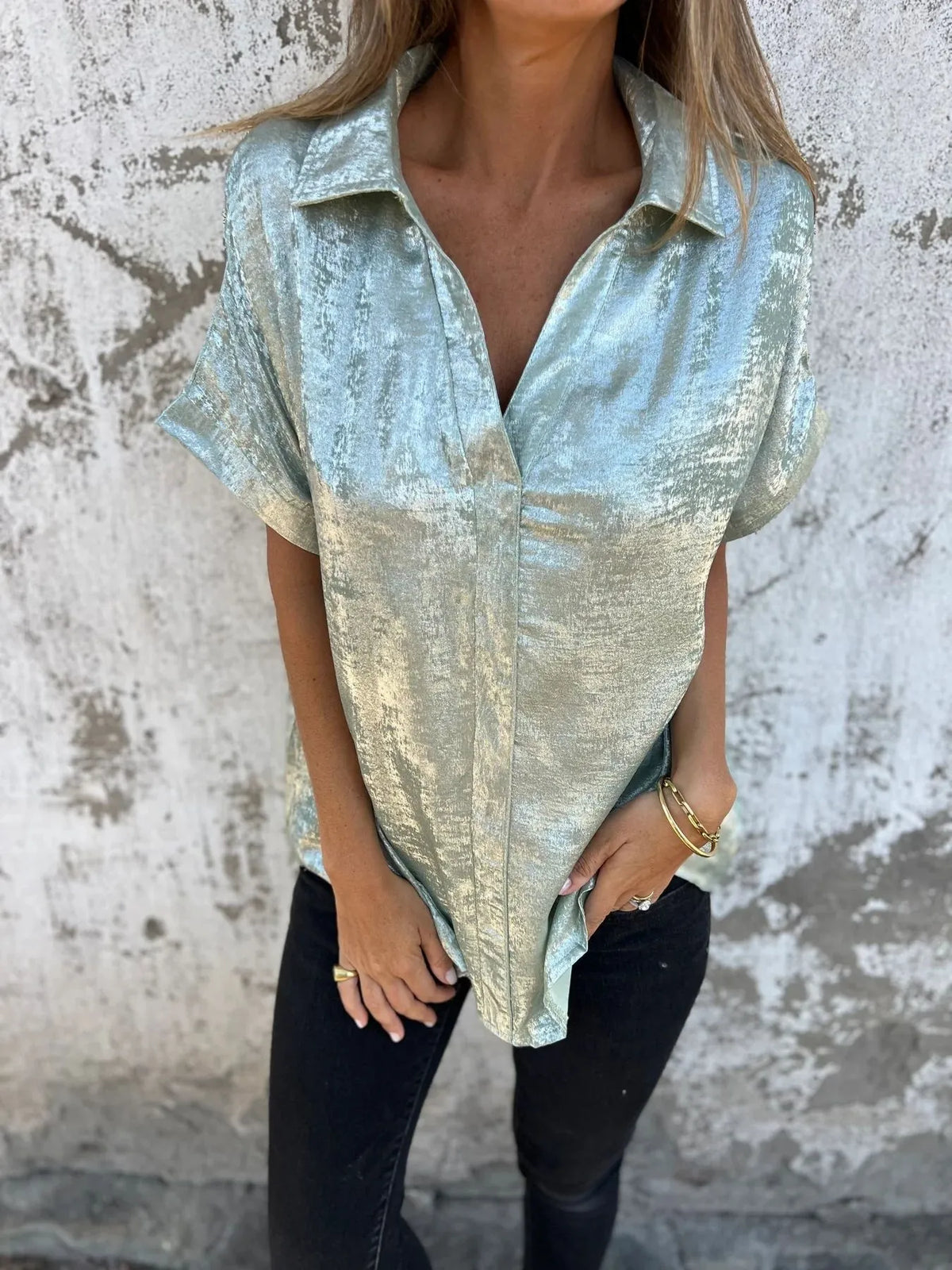 Women Full Size Collared Neck Short Sleeve Shirt Plus Size