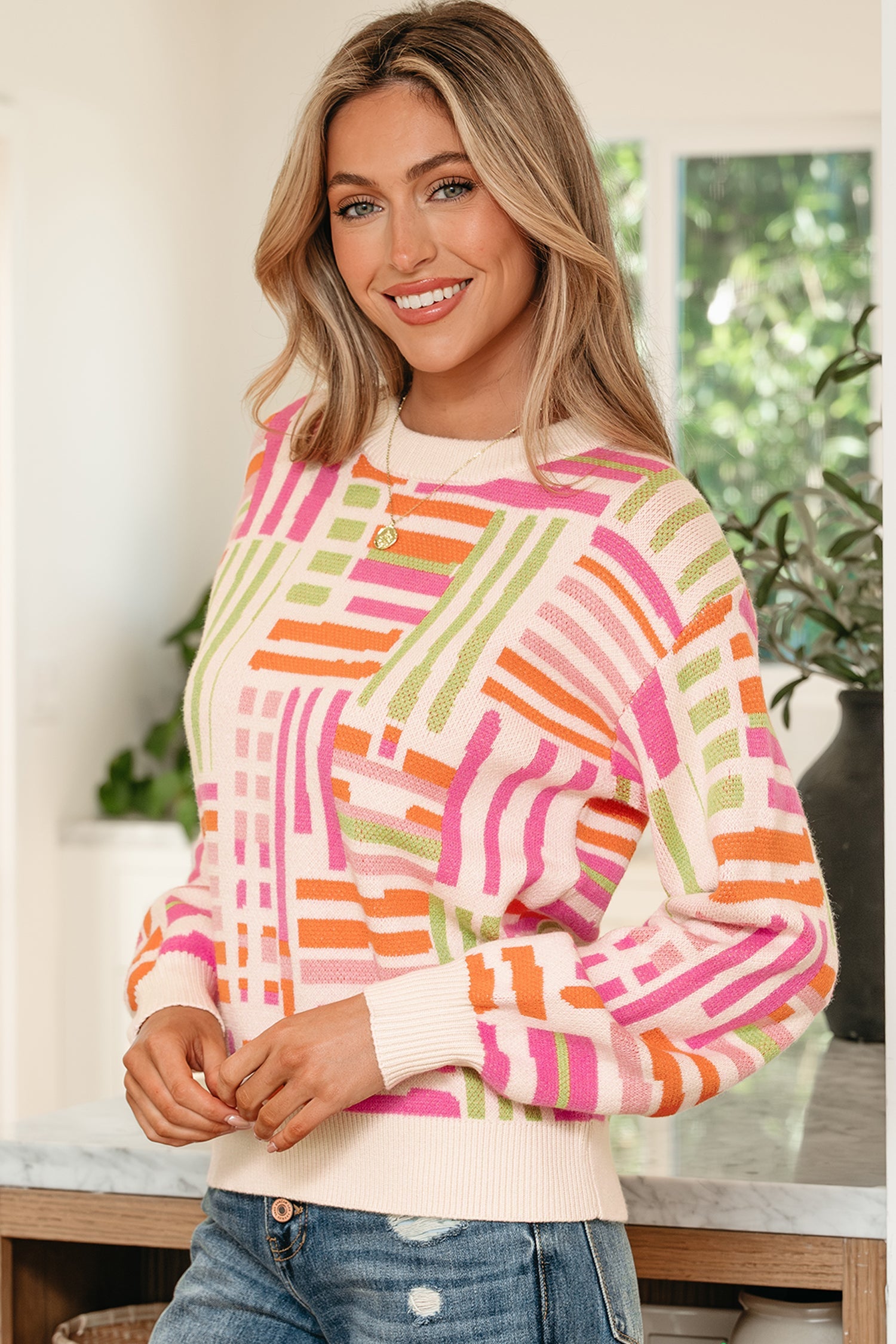 Rose Love Lines Pattern Crew Neck Puff Sleeve Sweater