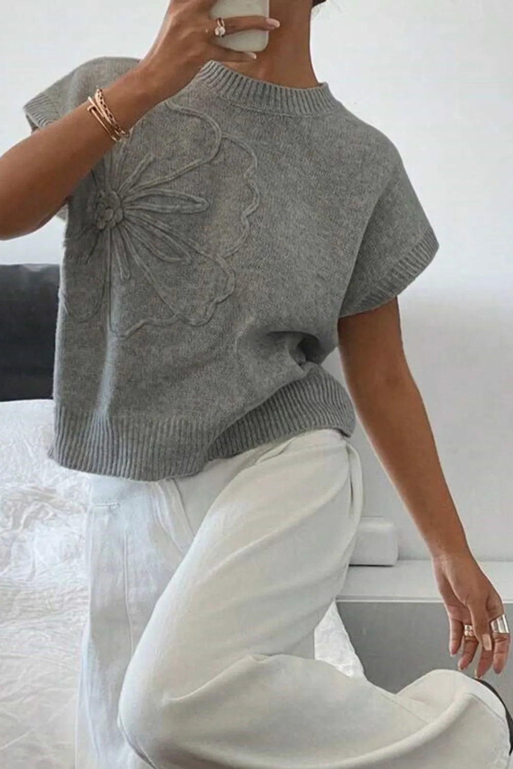 Flower Pattern Ribbed Trim Short Sleeve Boxy Sweater