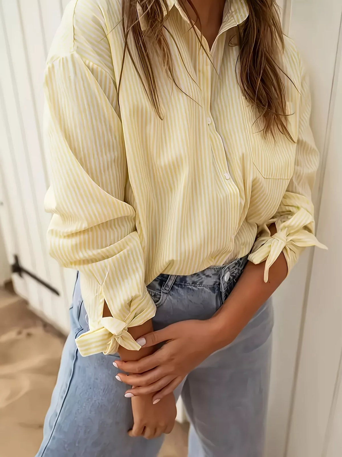Striped Button Up Tie-Cuff Long Sleeve Shirt