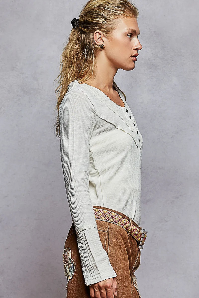 Ribbed Half Button Lace Detail Knit Top