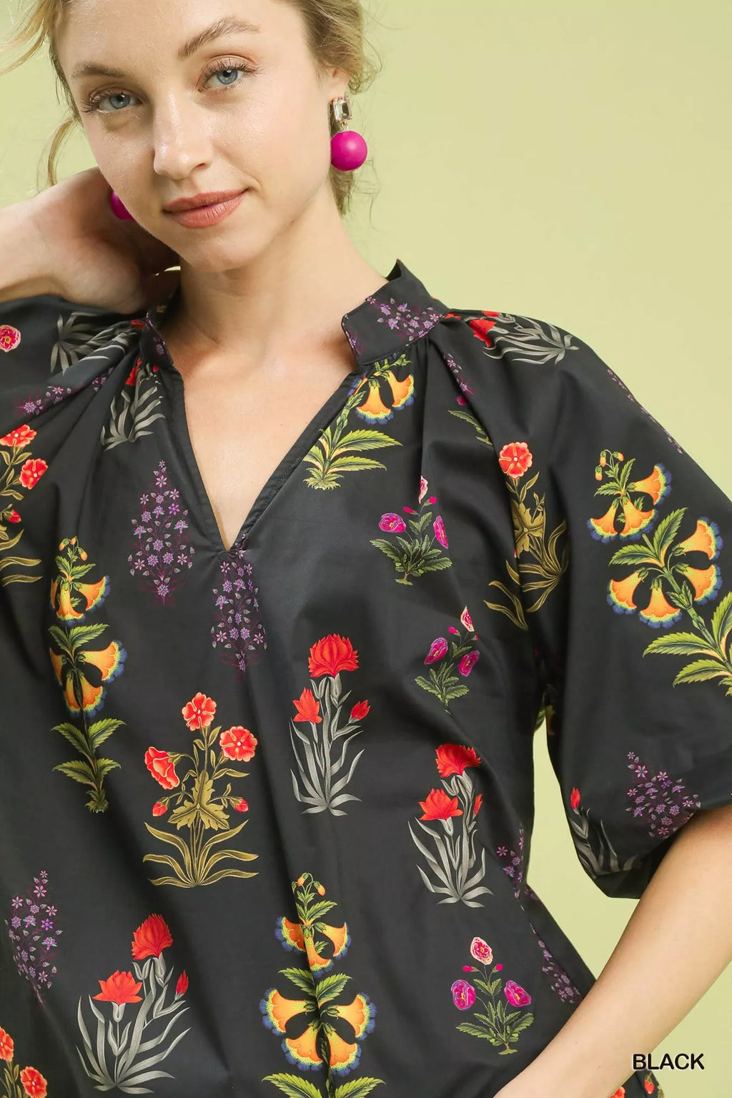 Floral Print Puff Sleeve Scallop Hem Blouse