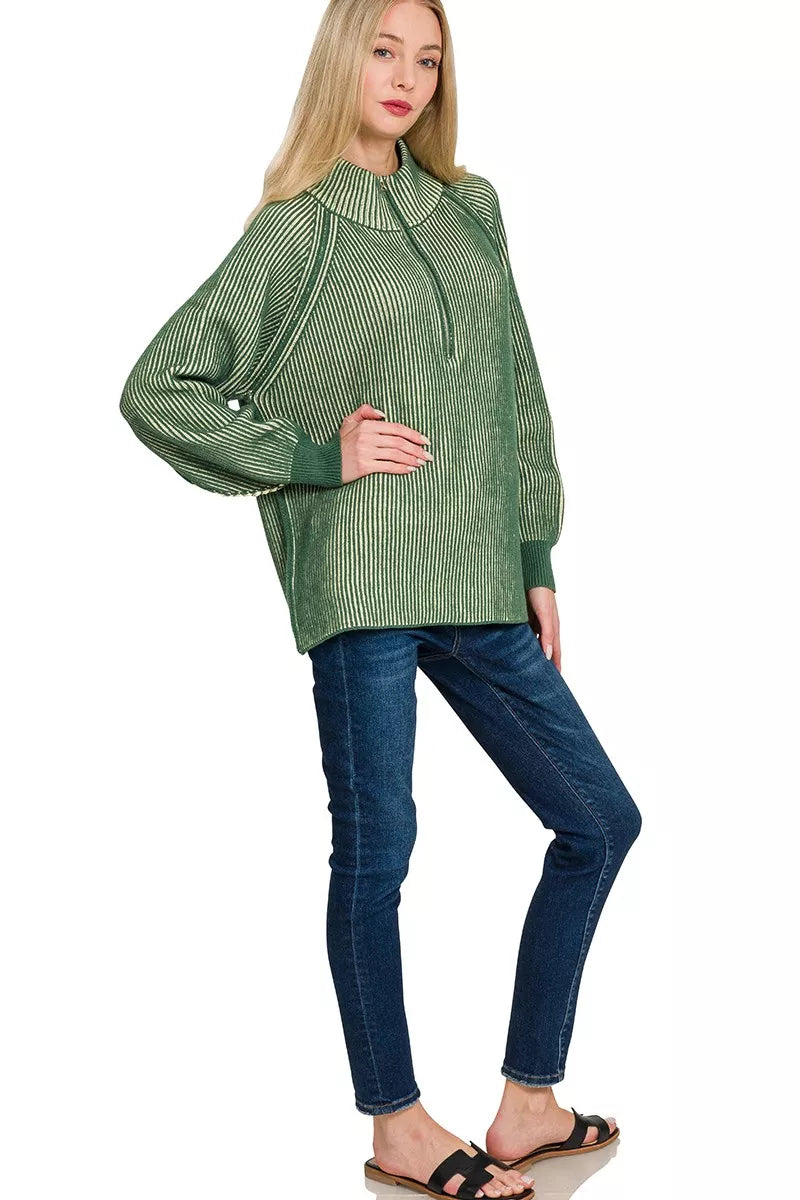 Zenana Ribbed Two Tone Half Zip Sweater