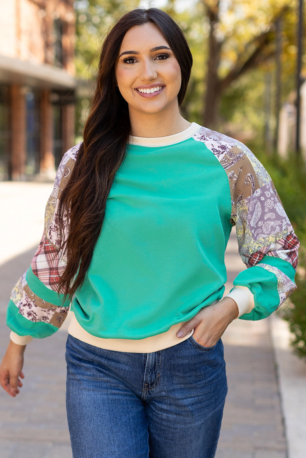 Plaid Vintage Paisley Patchwork Long Sleeve Raglan Top
