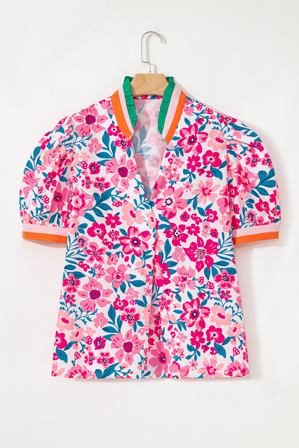 Pink Floral Print Contrast Striped Detail Short Sleeve Blouse