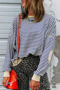 Blue Stripe Textured Elbow Patched Crew Neck Drop Shoulder Sweatshirt