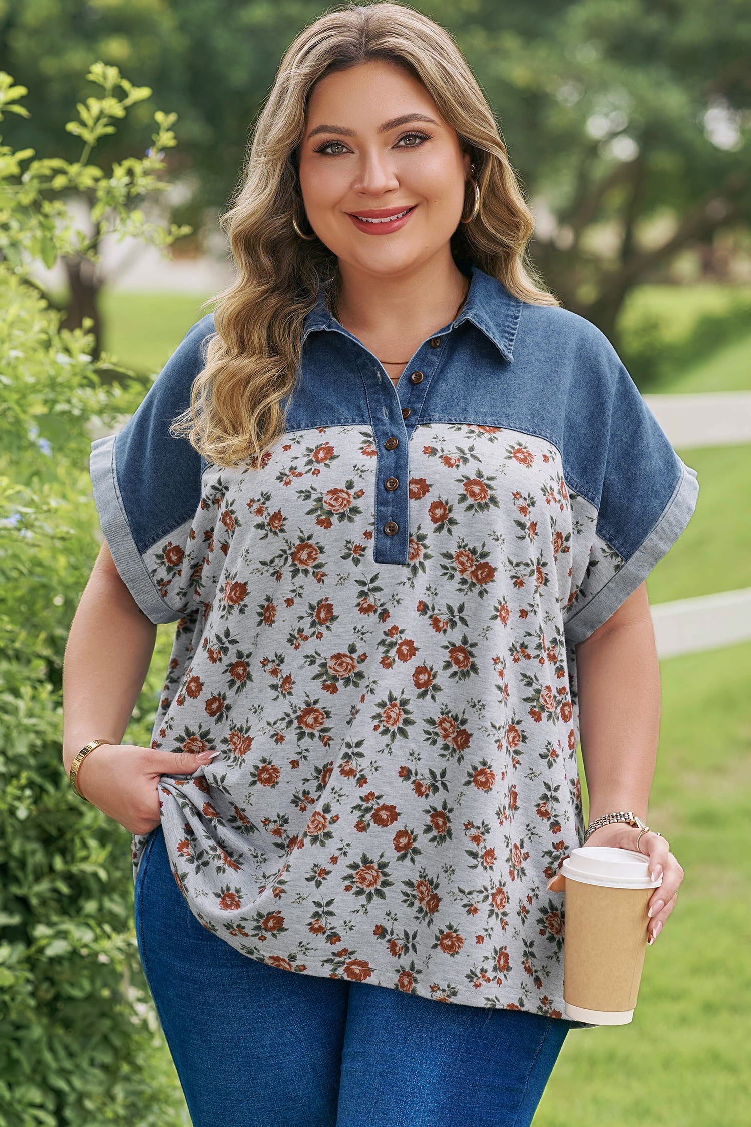 Karla Print Patchwork Polo Plus Size T-Shirt