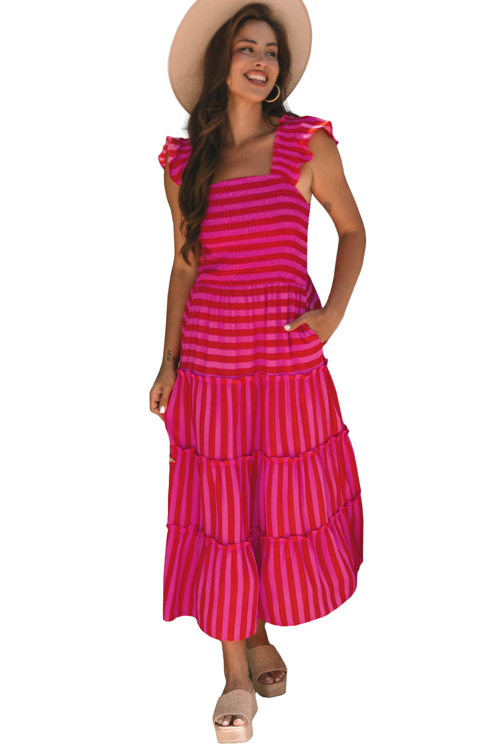 Rose Stripe Flutter Sleeve Smocked Bodice Tiered Maxi Dress