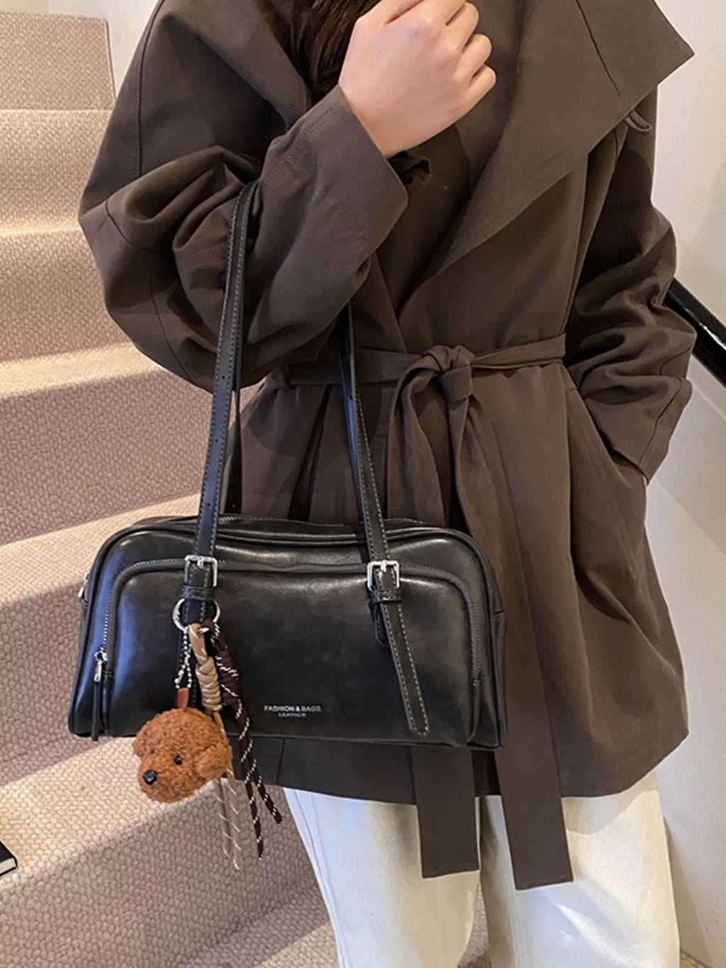 Vintage Style Leather Shoulder Bag with Charm