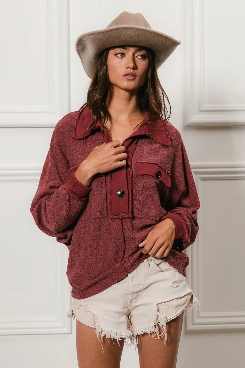 BiBi Cp French Terry Cut Edge Detail Collared Top