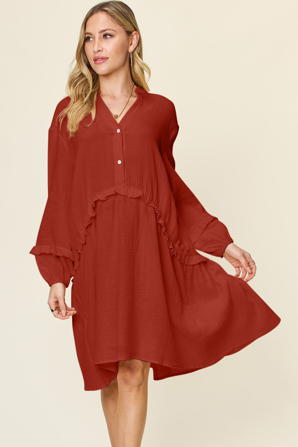 Textured Half-Button Ruffle Trim Dress