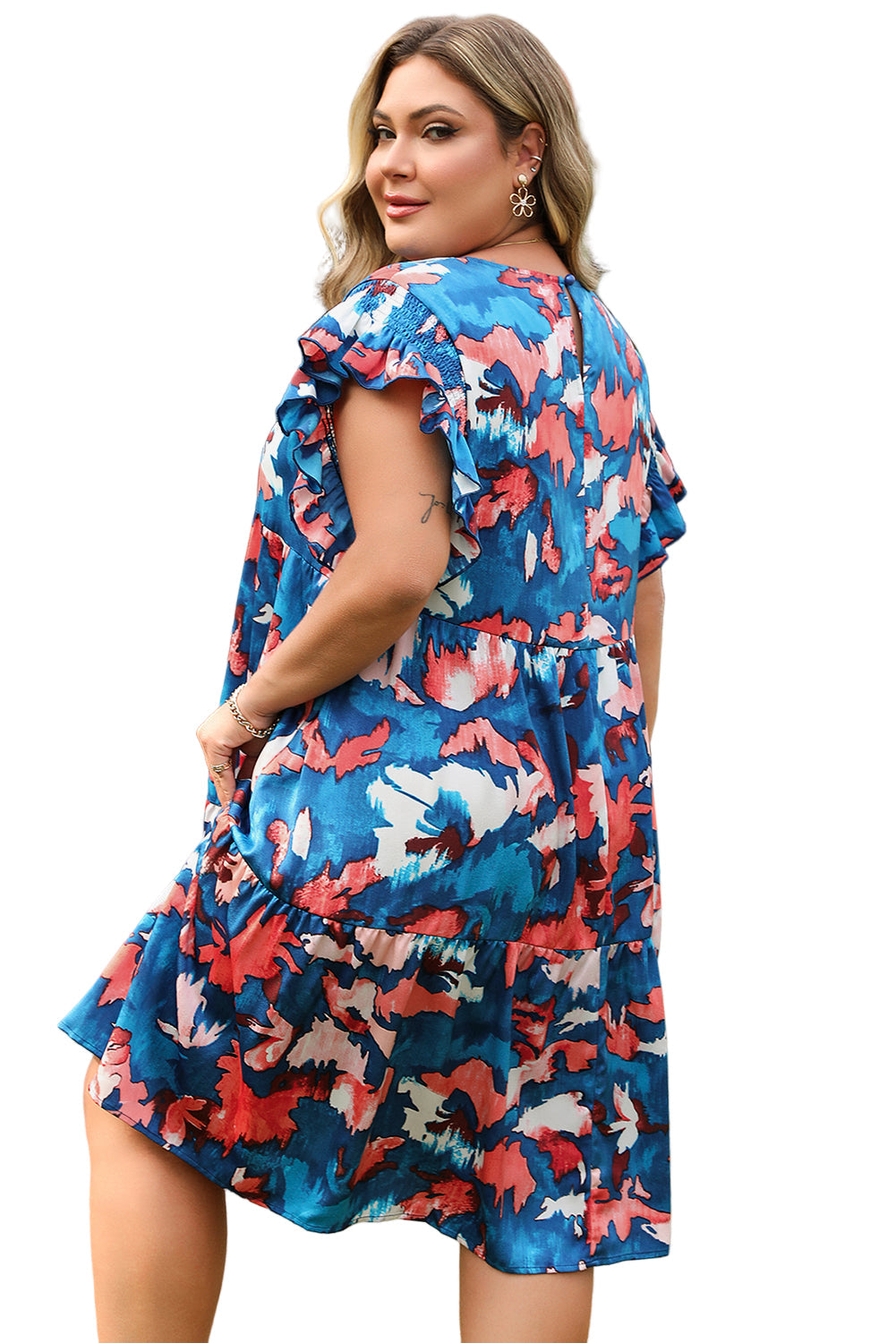 Blue Abstract Print Shirred Ruffled Short Sleeve Tiered Plus Size Mini Dress