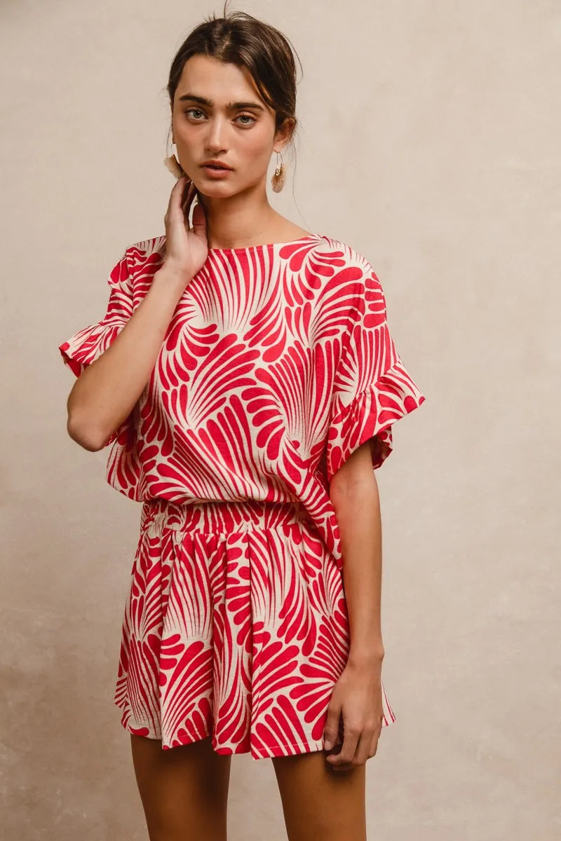 Print Woven Ruffled Sleeves Top