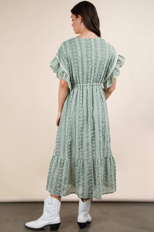 VERY J Embroidered Boho Ruffled Midi Dress