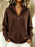 Women Zip Up Hooded Knit Cardigan, Solid Color Long Sleeve Loose Sweater Jacket With Pockets, Fall Winter Casual Outerwear