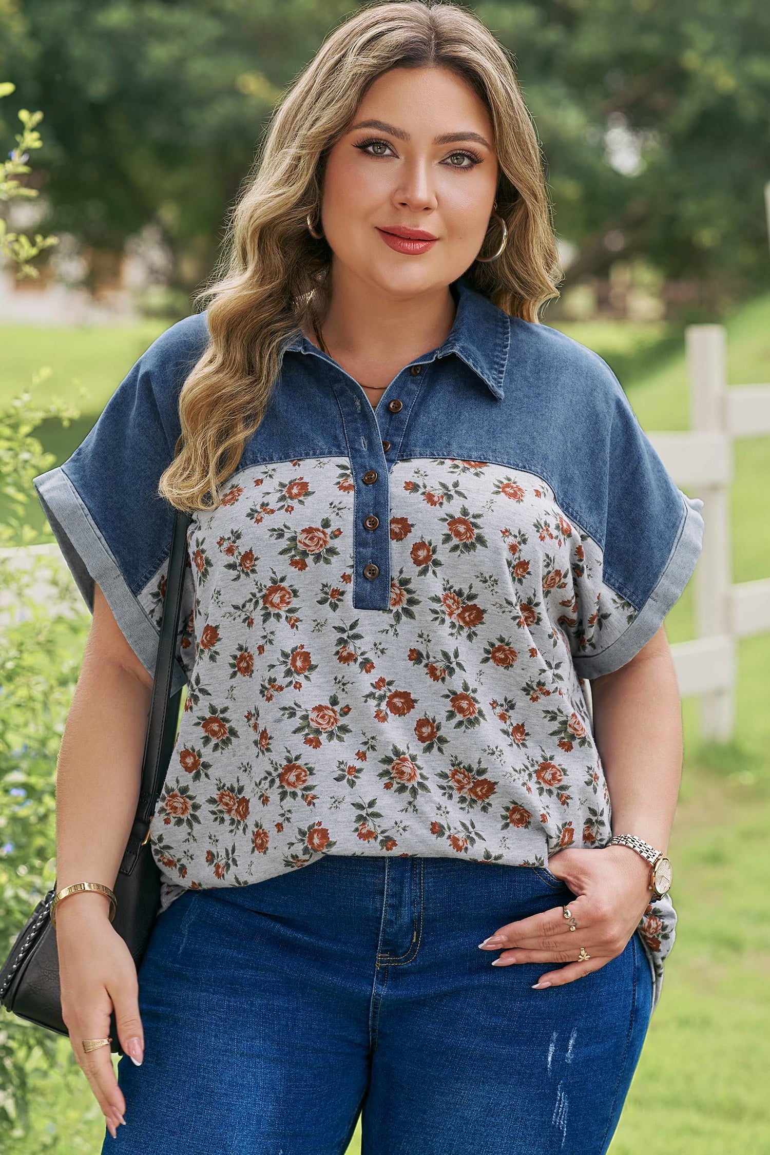 Karla Print Patchwork Polo Plus Size T-Shirt