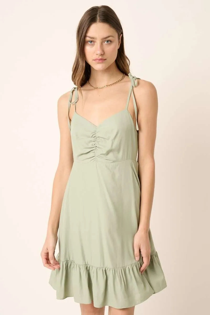 Mittoshop Ruched Detail Spaghetti Tie Mini Dress