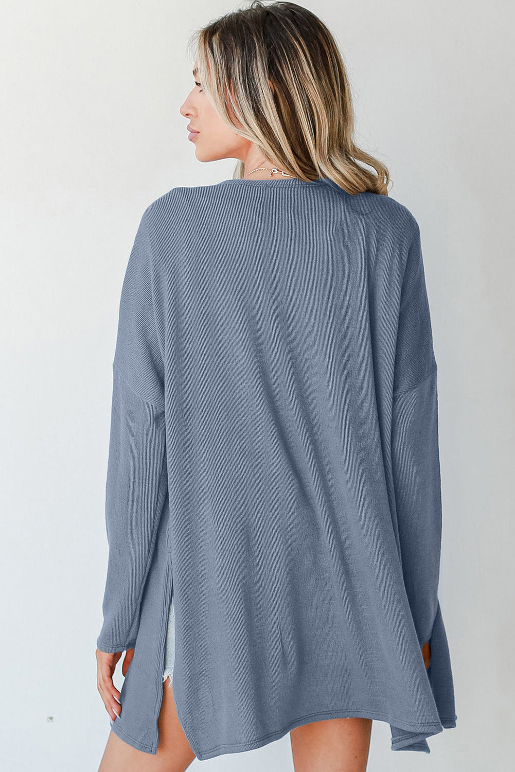 Solid Color Rib Knit Open Front Tunic Cardigan
