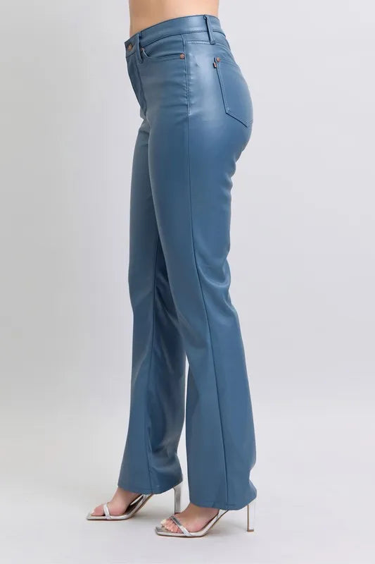 Full Size High Waist Tummy Control Faux Leather Bootcut Pants Plus Size