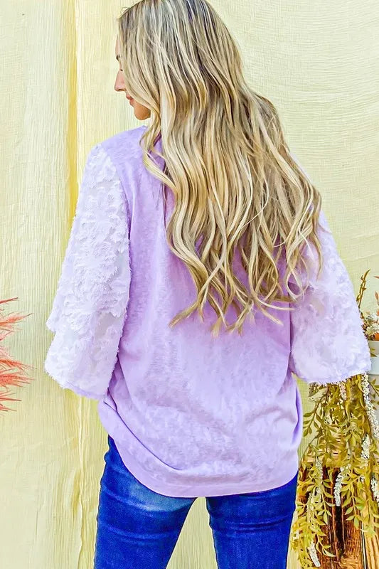 Feather Detailed 3/4 Sleeve Slub Top