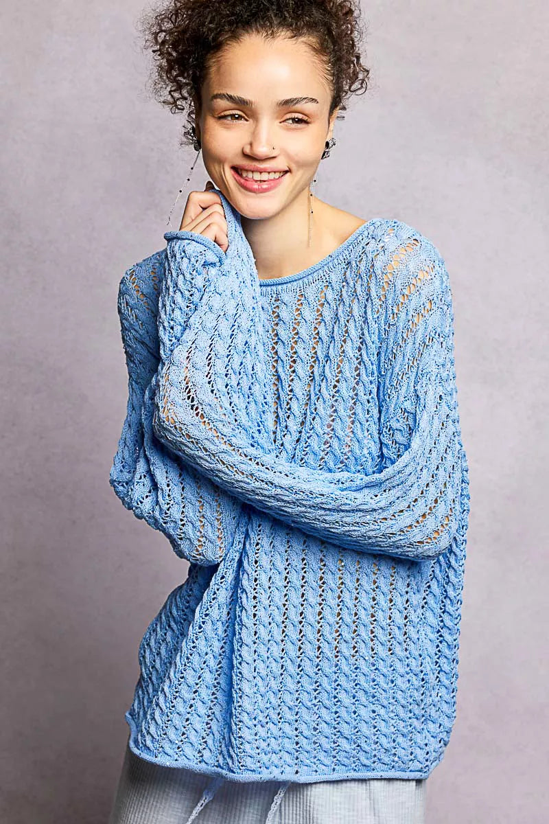 POL Openwork Round Neck Knit Top with Shiny Detail