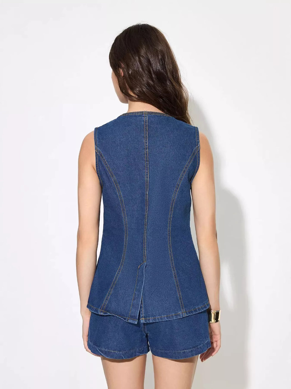 Button Up Sleeveless Denim Top and Shorts Set