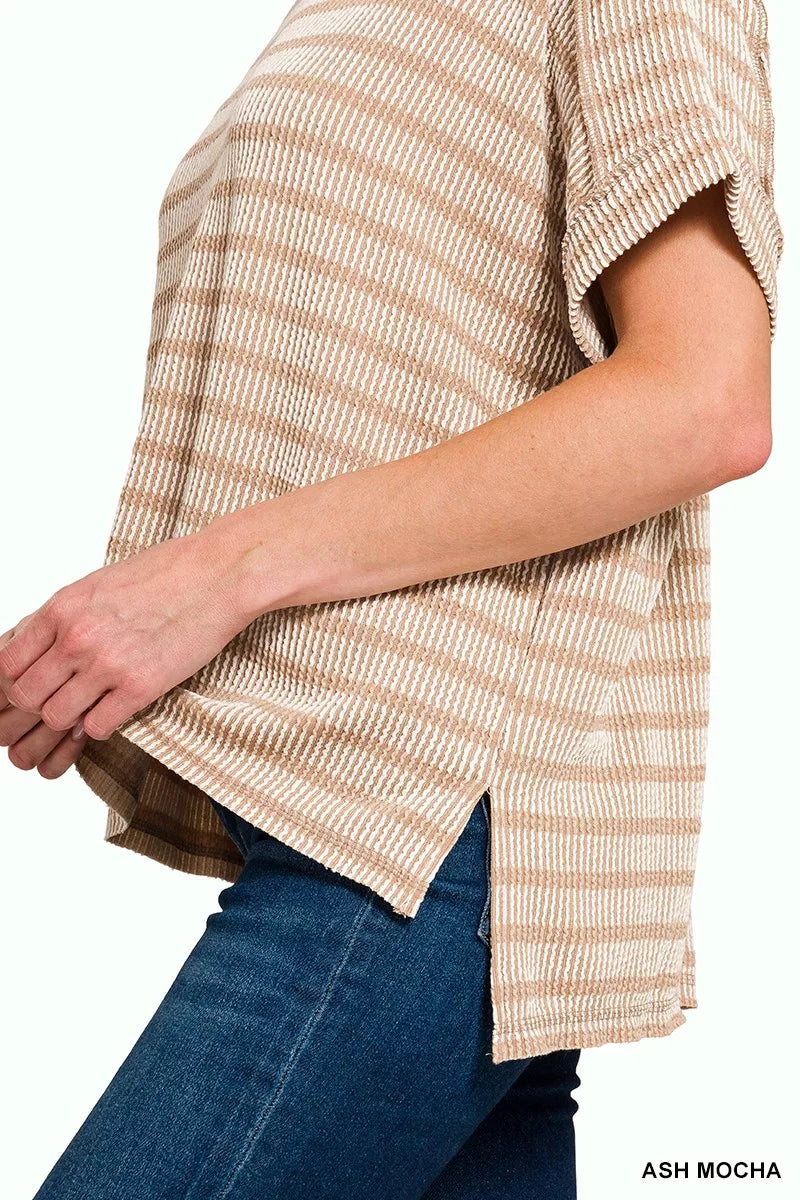 Raised Rib Striped Exposed Seam Top