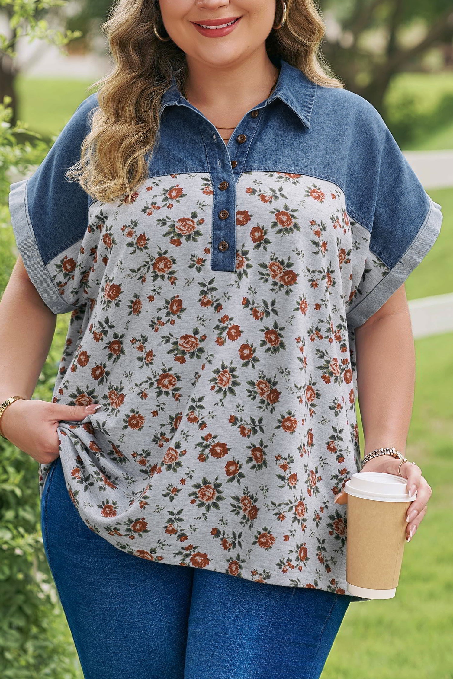 Karla Print Patchwork Polo Plus Size T-Shirt