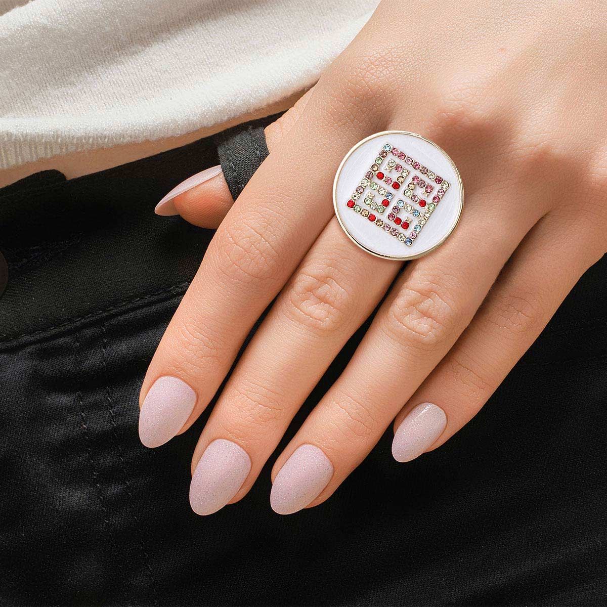 Statement Ring White and Gold Greek Key Stylish Fashion Jewelry