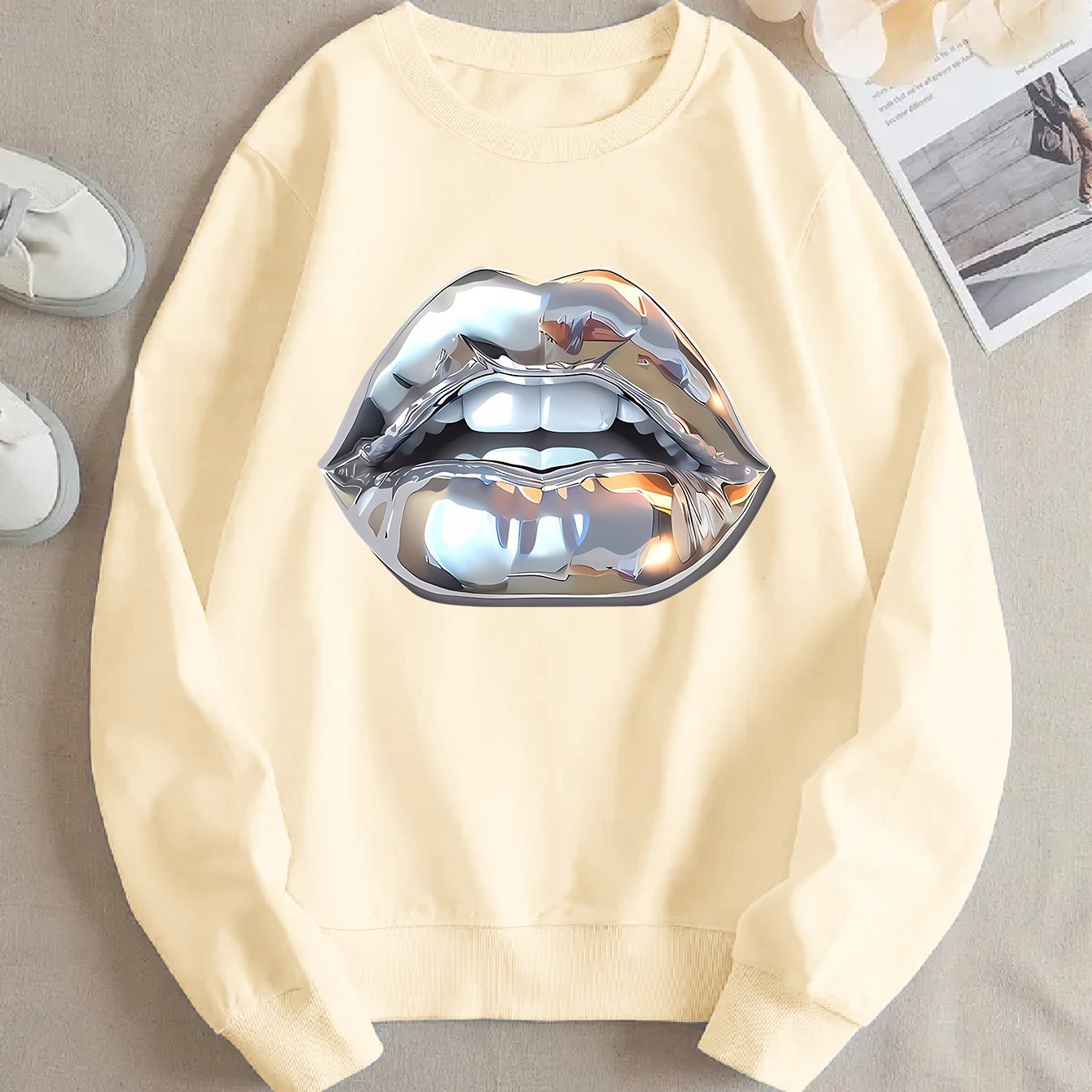 Womens Cartoon Silver Lip-Printed Sweatshirt See size chart under “more details”