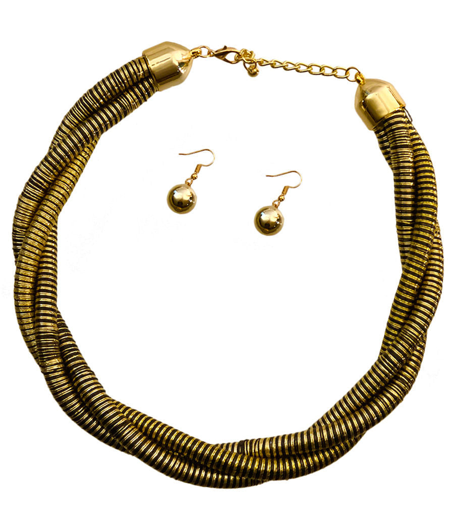 Twisted Cord Necklace Set Black and Gold Stylish Statement Jewelry